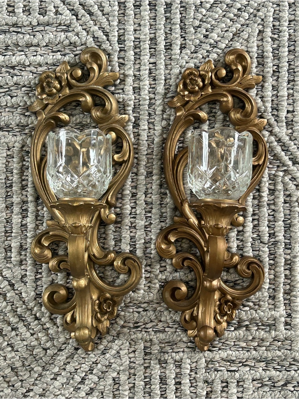 Set of 2 VTG 1971 HOMCO Wall Candle Sconces Hollywood Regency Gold Ornate #4118